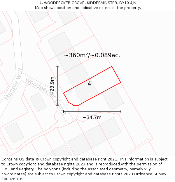 4, WOODPECKER GROVE, KIDDERMINSTER, DY10 4JN: Plot and title map