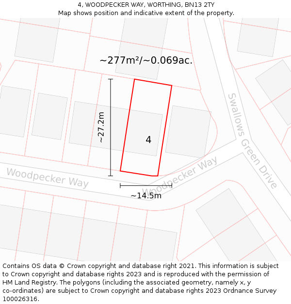 4, WOODPECKER WAY, WORTHING, BN13 2TY: Plot and title map