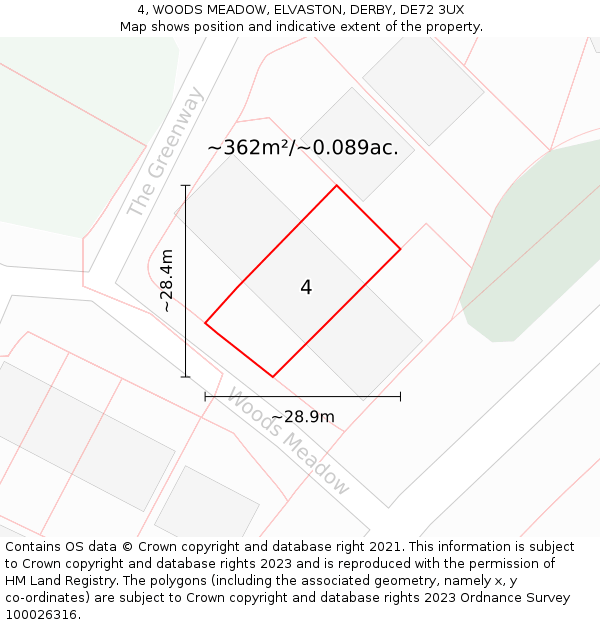 4, WOODS MEADOW, ELVASTON, DERBY, DE72 3UX: Plot and title map