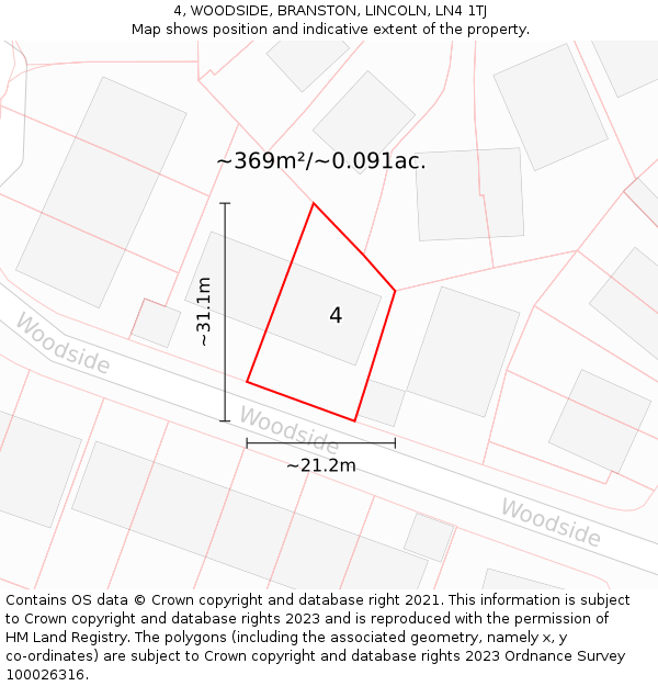 4, WOODSIDE, BRANSTON, LINCOLN, LN4 1TJ: Plot and title map