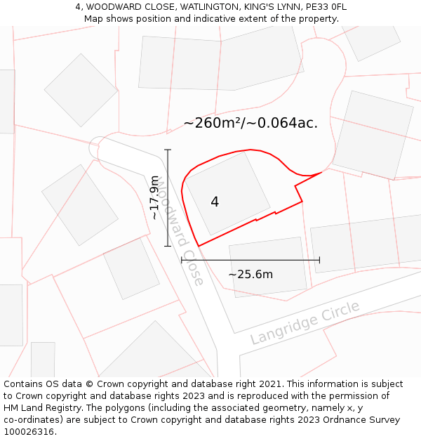 4, WOODWARD CLOSE, WATLINGTON, KING'S LYNN, PE33 0FL: Plot and title map