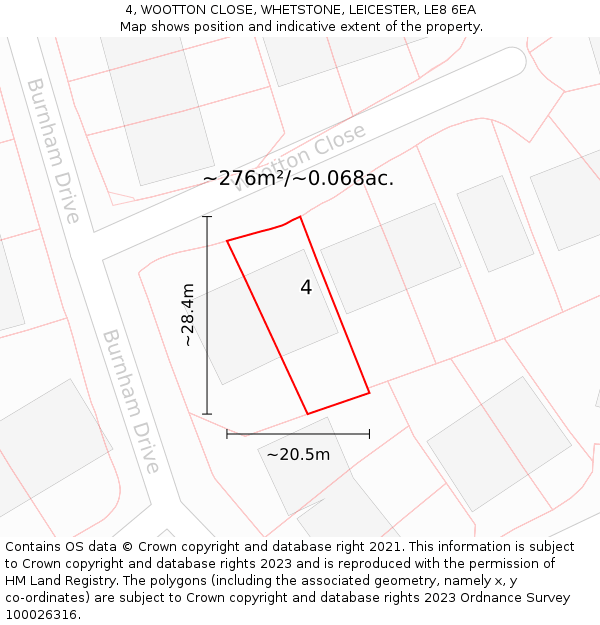 4, WOOTTON CLOSE, WHETSTONE, LEICESTER, LE8 6EA: Plot and title map