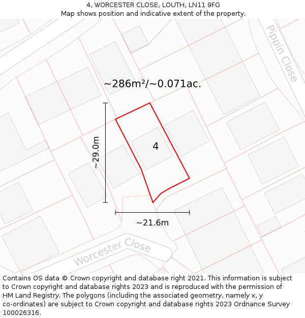 4, WORCESTER CLOSE, LOUTH, LN11 9FG: Plot and title map