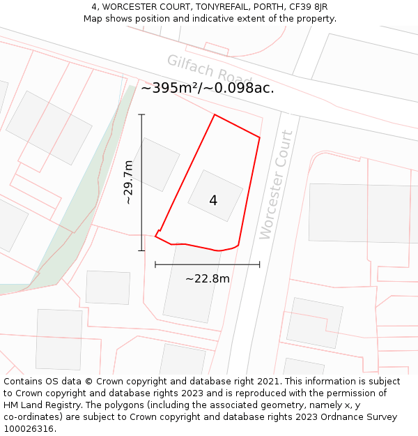 4, WORCESTER COURT, TONYREFAIL, PORTH, CF39 8JR: Plot and title map