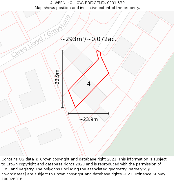 4, WREN HOLLOW, BRIDGEND, CF31 5BP: Plot and title map