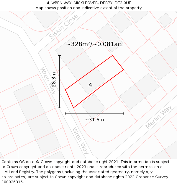 4, WREN WAY, MICKLEOVER, DERBY, DE3 0UF: Plot and title map