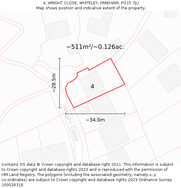 4, WRIGHT CLOSE, WHITELEY, FAREHAM, PO15 7JU: Plot and title map
