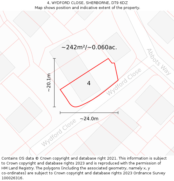 4, WYDFORD CLOSE, SHERBORNE, DT9 6DZ: Plot and title map