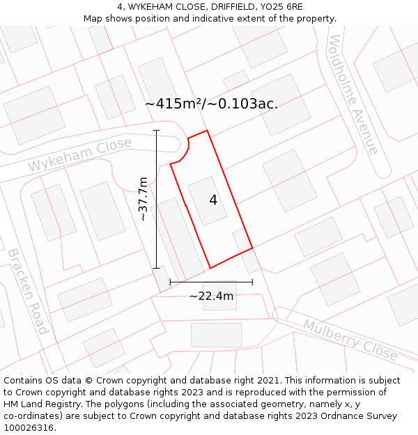 4, WYKEHAM CLOSE, DRIFFIELD, YO25 6RE: Plot and title map