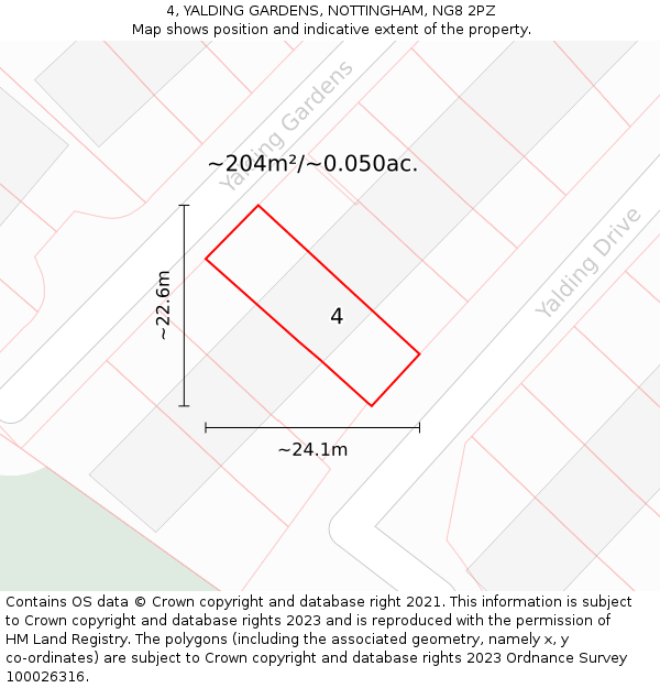 4, YALDING GARDENS, NOTTINGHAM, NG8 2PZ: Plot and title map