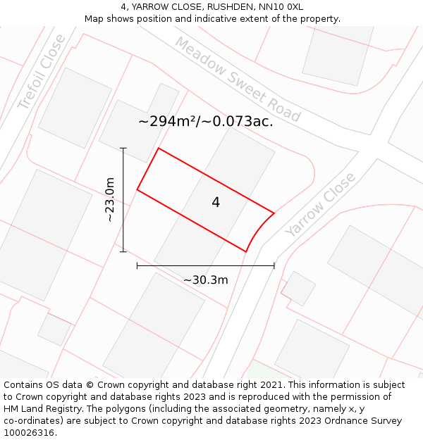 4, YARROW CLOSE, RUSHDEN, NN10 0XL: Plot and title map