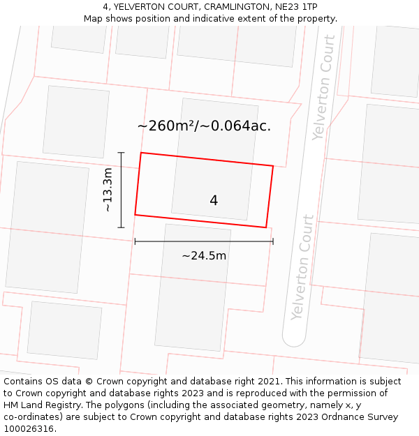 4, YELVERTON COURT, CRAMLINGTON, NE23 1TP: Plot and title map