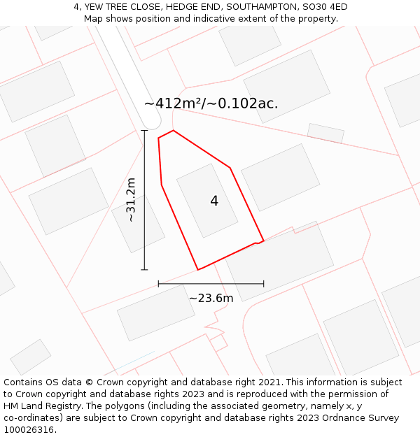4, YEW TREE CLOSE, HEDGE END, SOUTHAMPTON, SO30 4ED: Plot and title map