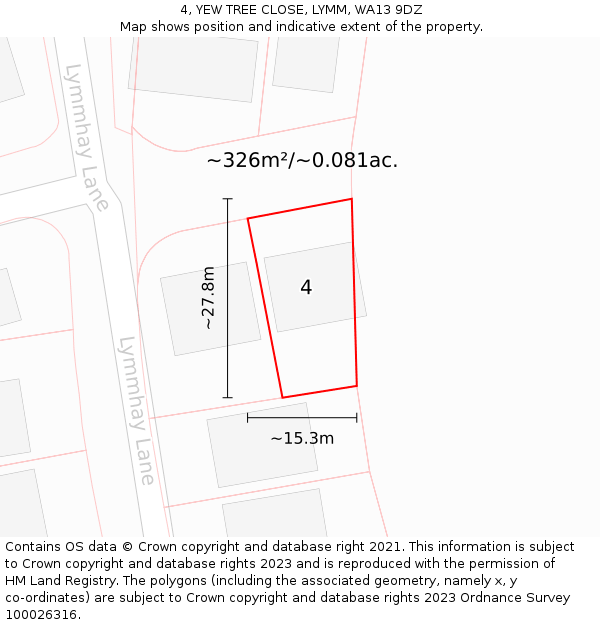 4, YEW TREE CLOSE, LYMM, WA13 9DZ: Plot and title map