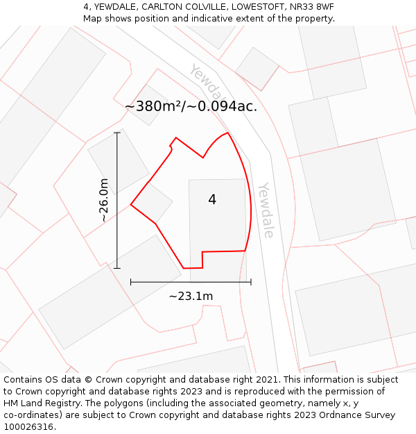 4, YEWDALE, CARLTON COLVILLE, LOWESTOFT, NR33 8WF: Plot and title map
