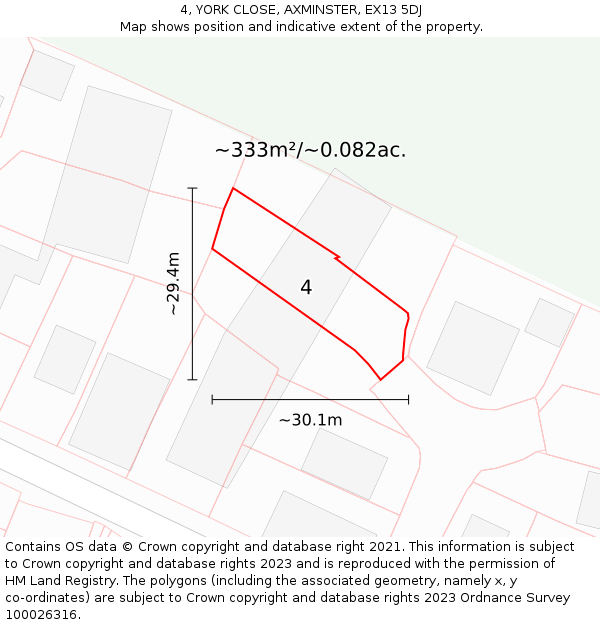 4, YORK CLOSE, AXMINSTER, EX13 5DJ: Plot and title map