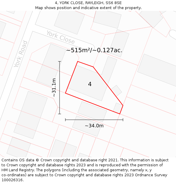 4, YORK CLOSE, RAYLEIGH, SS6 8SE: Plot and title map