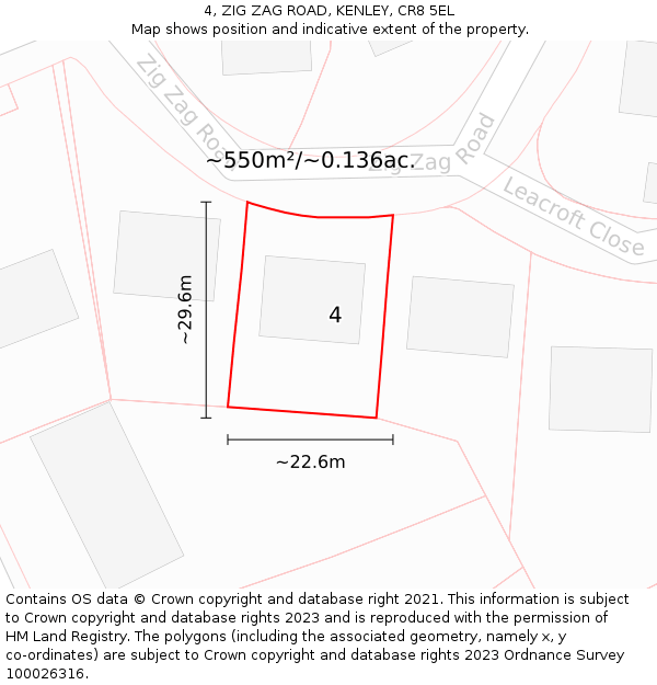 4, ZIG ZAG ROAD, KENLEY, CR8 5EL: Plot and title map