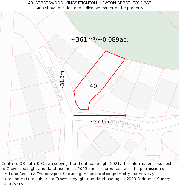 40, ABBOTSWOOD, KINGSTEIGNTON, NEWTON ABBOT, TQ12 3AB: Plot and title map