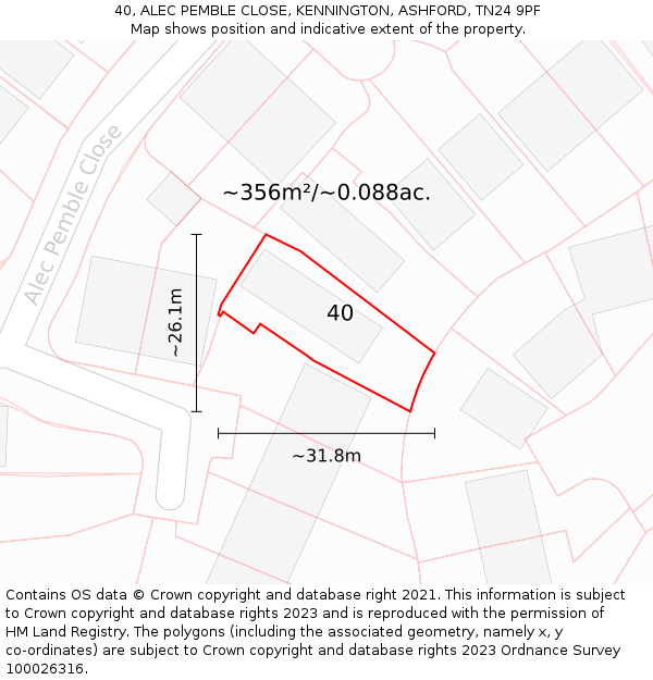 40, ALEC PEMBLE CLOSE, KENNINGTON, ASHFORD, TN24 9PF: Plot and title map