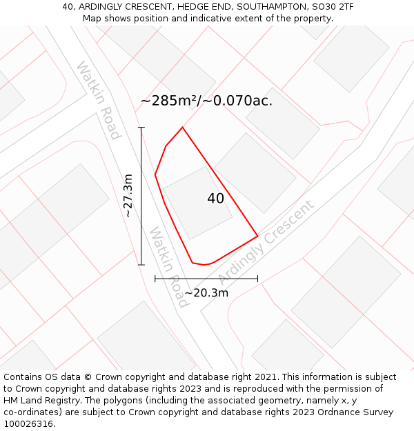 40, ARDINGLY CRESCENT, HEDGE END, SOUTHAMPTON, SO30 2TF: Plot and title map