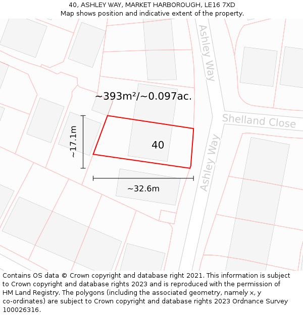 40, ASHLEY WAY, MARKET HARBOROUGH, LE16 7XD: Plot and title map