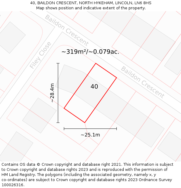 40, BAILDON CRESCENT, NORTH HYKEHAM, LINCOLN, LN6 8HS: Plot and title map