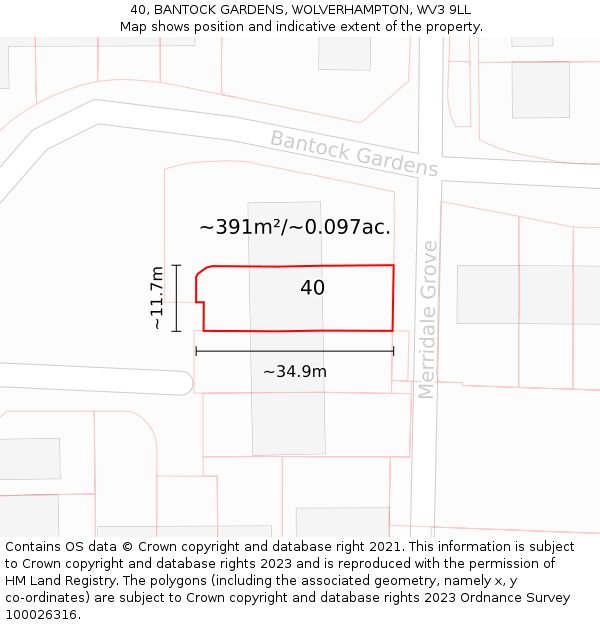 40, BANTOCK GARDENS, WOLVERHAMPTON, WV3 9LL: Plot and title map