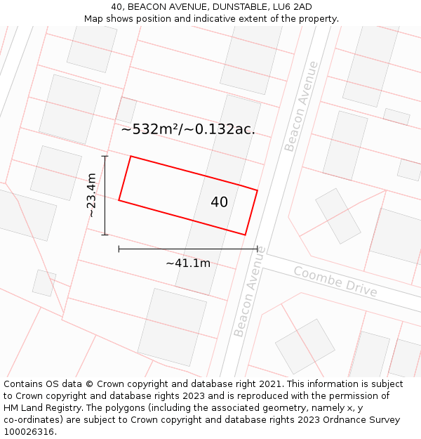40, BEACON AVENUE, DUNSTABLE, LU6 2AD: Plot and title map