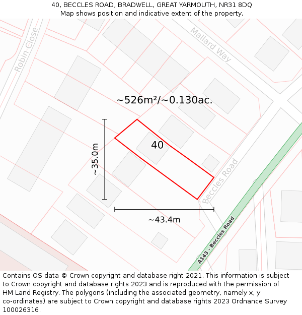 40, BECCLES ROAD, BRADWELL, GREAT YARMOUTH, NR31 8DQ: Plot and title map