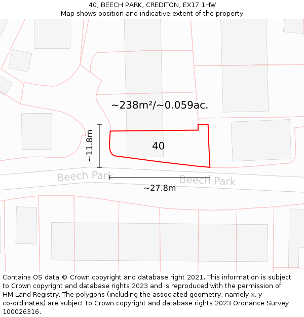 40, BEECH PARK, CREDITON, EX17 1HW: Plot and title map