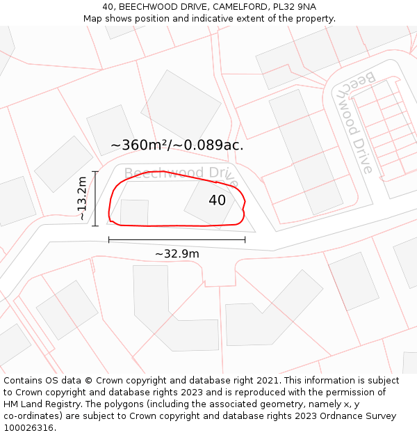 40, BEECHWOOD DRIVE, CAMELFORD, PL32 9NA: Plot and title map