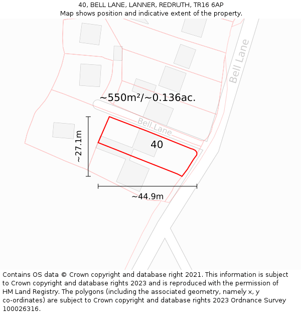 40, BELL LANE, LANNER, REDRUTH, TR16 6AP: Plot and title map