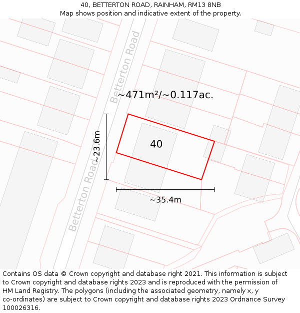 40, BETTERTON ROAD, RAINHAM, RM13 8NB: Plot and title map