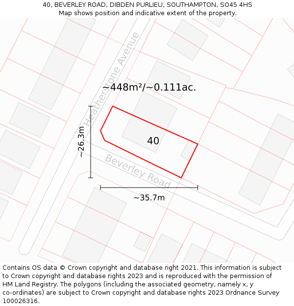 40, BEVERLEY ROAD, DIBDEN PURLIEU, SOUTHAMPTON, SO45 4HS: Plot and title map