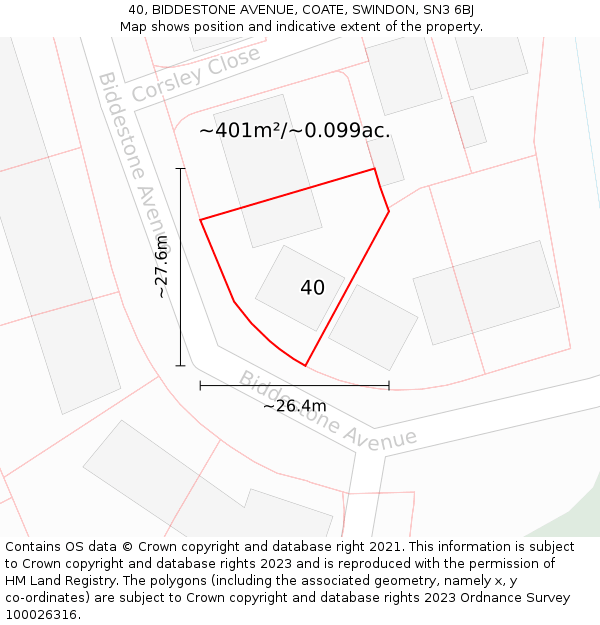 40, BIDDESTONE AVENUE, COATE, SWINDON, SN3 6BJ: Plot and title map