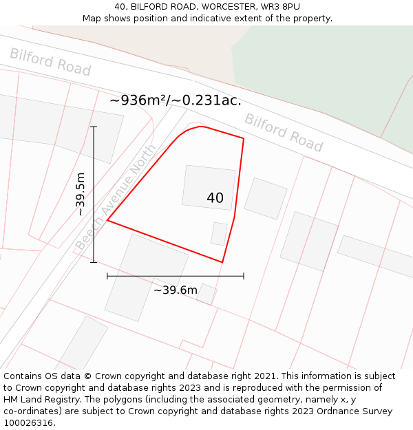 40, BILFORD ROAD, WORCESTER, WR3 8PU: Plot and title map