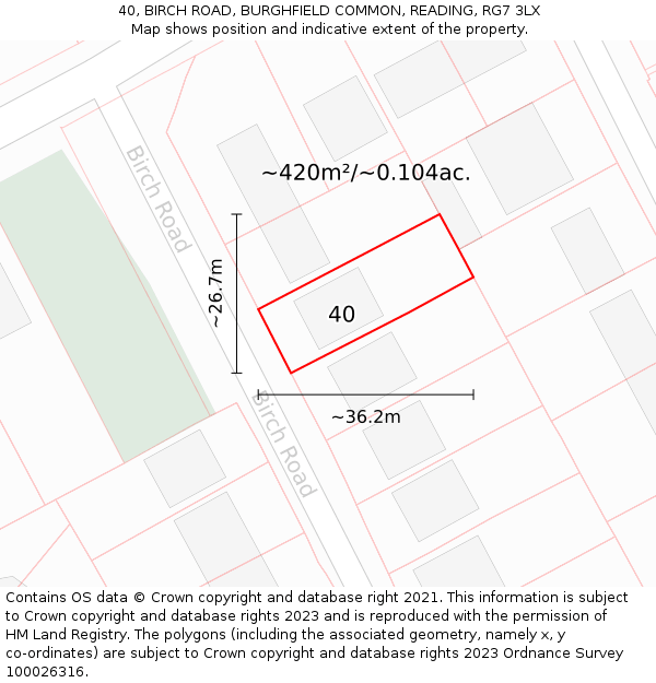 40, BIRCH ROAD, BURGHFIELD COMMON, READING, RG7 3LX: Plot and title map