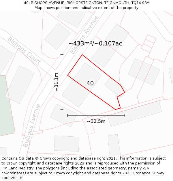 40, BISHOPS AVENUE, BISHOPSTEIGNTON, TEIGNMOUTH, TQ14 9RA: Plot and title map