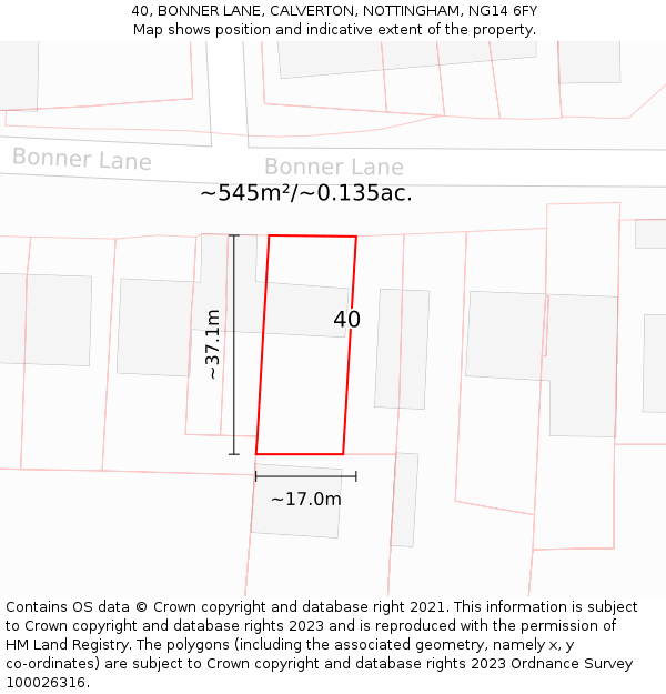 40, BONNER LANE, CALVERTON, NOTTINGHAM, NG14 6FY: Plot and title map