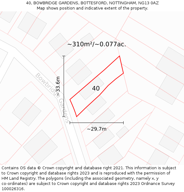 40, BOWBRIDGE GARDENS, BOTTESFORD, NOTTINGHAM, NG13 0AZ: Plot and title map