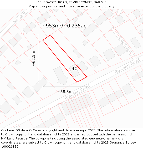40, BOWDEN ROAD, TEMPLECOMBE, BA8 0LF: Plot and title map