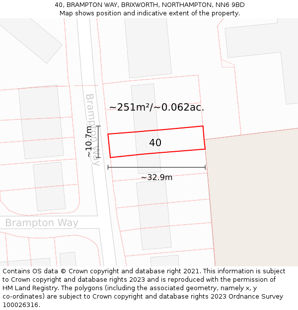 40, BRAMPTON WAY, BRIXWORTH, NORTHAMPTON, NN6 9BD: Plot and title map