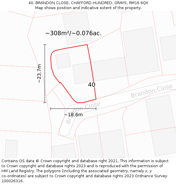40, BRANDON CLOSE, CHAFFORD HUNDRED, GRAYS, RM16 6QX: Plot and title map