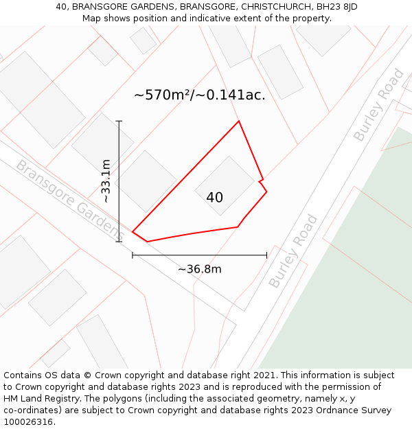 40, BRANSGORE GARDENS, BRANSGORE, CHRISTCHURCH, BH23 8JD: Plot and title map
