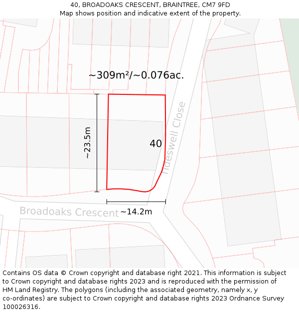 40, BROADOAKS CRESCENT, BRAINTREE, CM7 9FD: Plot and title map