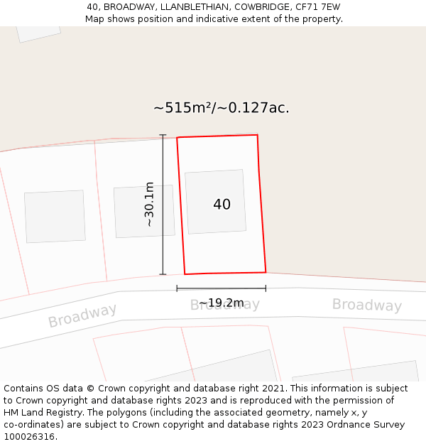 40, BROADWAY, LLANBLETHIAN, COWBRIDGE, CF71 7EW: Plot and title map