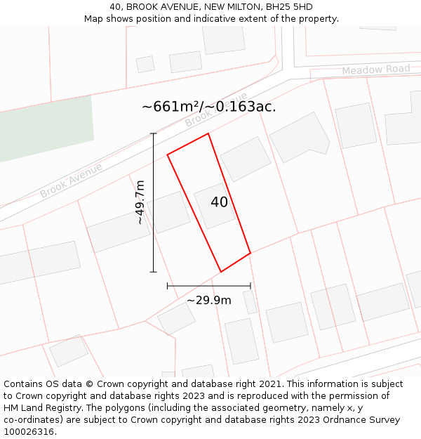 40, BROOK AVENUE, NEW MILTON, BH25 5HD: Plot and title map