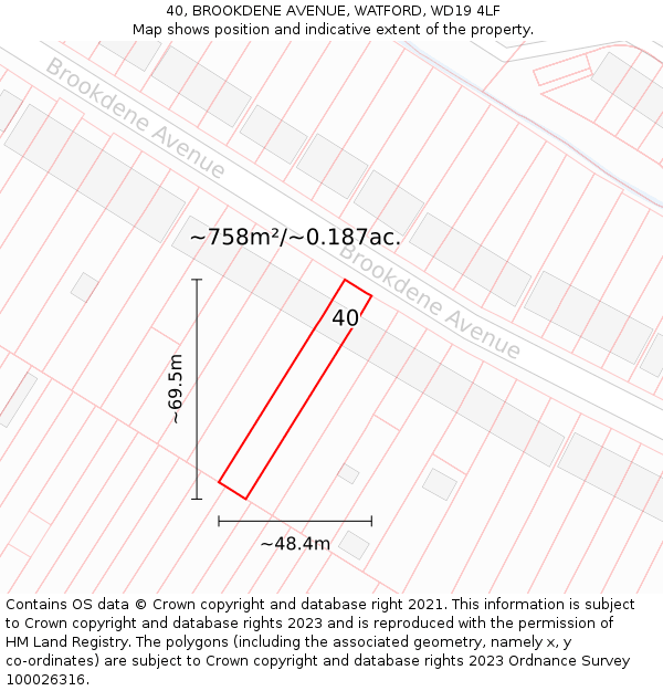 40, BROOKDENE AVENUE, WATFORD, WD19 4LF: Plot and title map