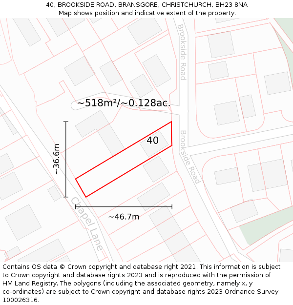 40, BROOKSIDE ROAD, BRANSGORE, CHRISTCHURCH, BH23 8NA: Plot and title map
